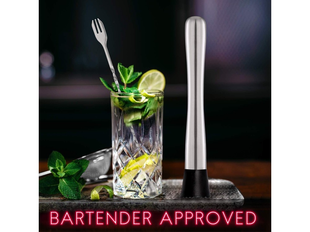 Forneed Cocktail Muddler and Mixing Spoon 25cm, Stainless Steel Bar Muddler and Cocktail Stirrer Set