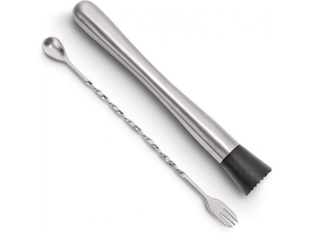 Forneed Cocktail Muddler and Mixing Spoon 25cm, Stainless Steel Bar Muddler and Cocktail Stirrer Set