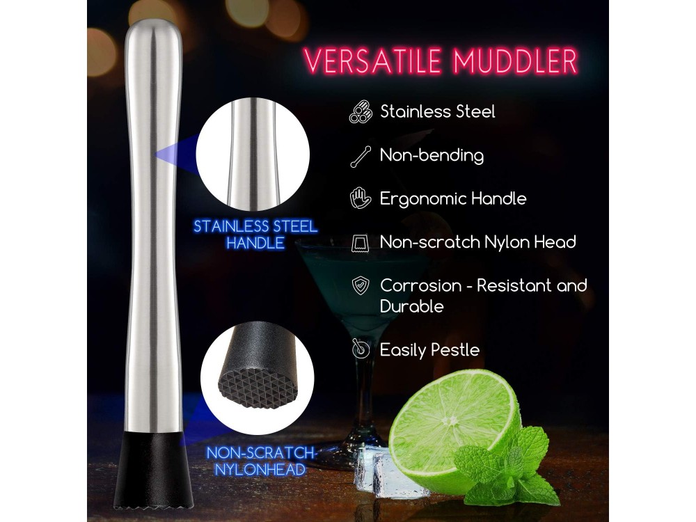 Forneed Cocktail Muddler and Mixing Spoon 25cm, Stainless Steel Bar Muddler and Cocktail Stirrer Set