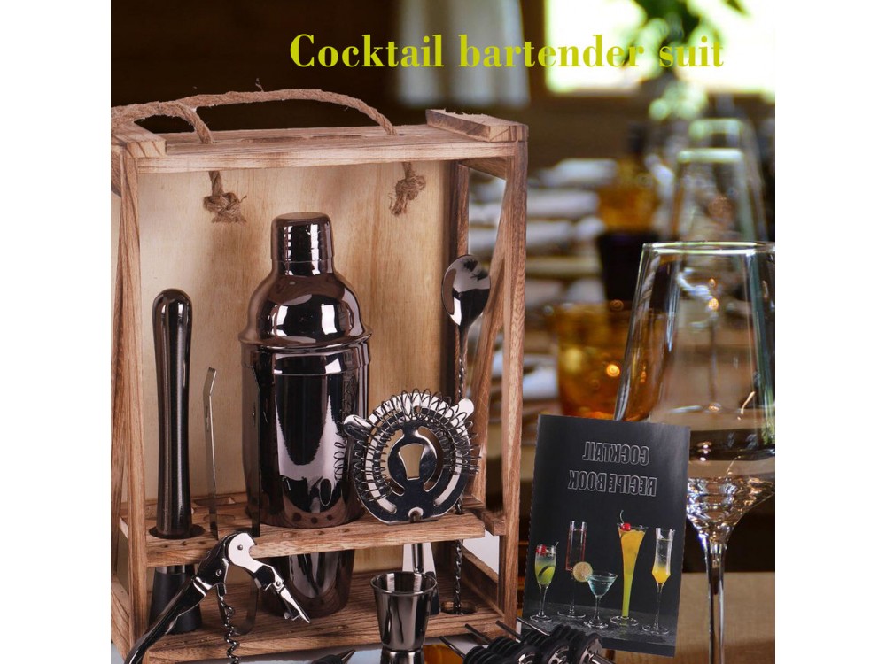 Forneed Cocktail Set 17τμχ., Σετ για Κοκτέιλ από Ανοξείδωτο Ατσάλι με Ξύλινη Θήκη, Silver