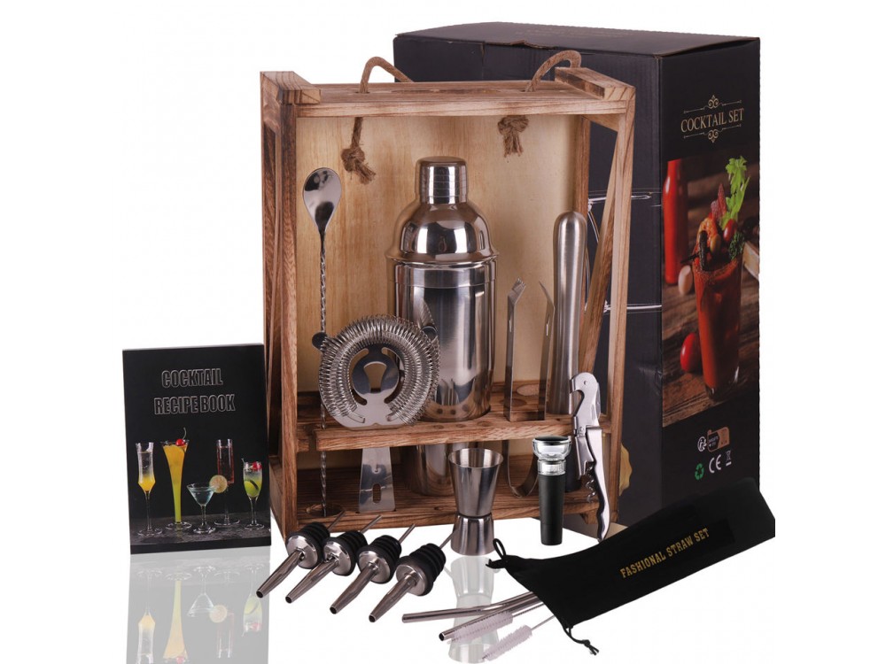Forneed Cocktail Set 17pcs., Stainless Steel Cocktail Set with Wooden Case, Silver