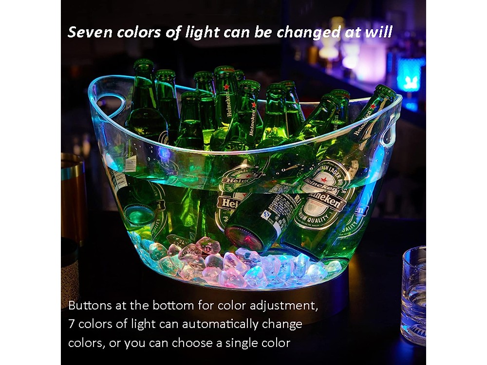 Forneed Ice Bucket LED RGB, Φωτιζόμενη Σαμπανιέρα Οβάλ 8L, Πλαστική 35 x 27.5 x 27.5cm, Clear