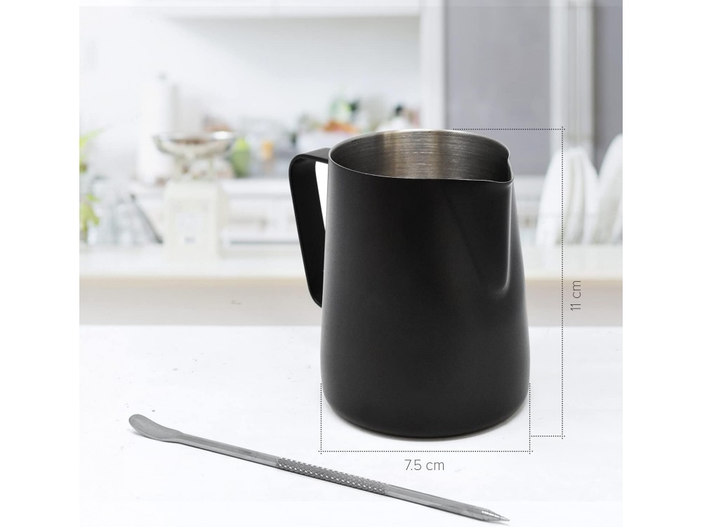 Forneed Milk Jug, Barista Milk Jug with Internal Dosing Indicators, Set with Spoon, 350ml Capacity, Matt Black