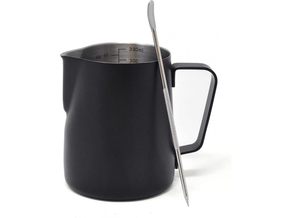 Forneed Milk Jug, Barista Milk Jug with Internal Dosing Indicators, Set with Spoon, 350ml Capacity, Matt Black