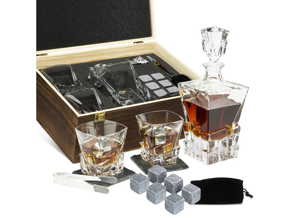 Forneed Whisky Glasses & Stones Gift Set - Σετ Δώρου Ουίσκι, με 2 Ποτήρια, Τσιμπίδα, Μποτίλια, Πέτρες και Ξύλινη Θήκη