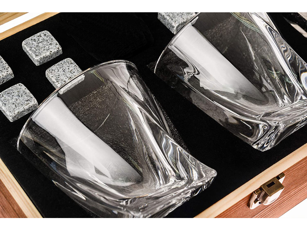 Forneed Whisky Glasses & Stones Gift Set, with 2 glasses, coaster, tweezers, 6 stones and wooden case
