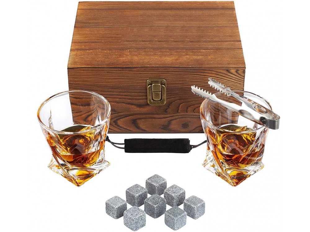 Forneed Whisky Glasses & Stones Gift Set - Σετ Δώρου Ουίσκι, με 2 Ποτήρια, Σουβέρ, Τσιμπίδα, 6 Πέτρες και Ξύλινη Θήκη