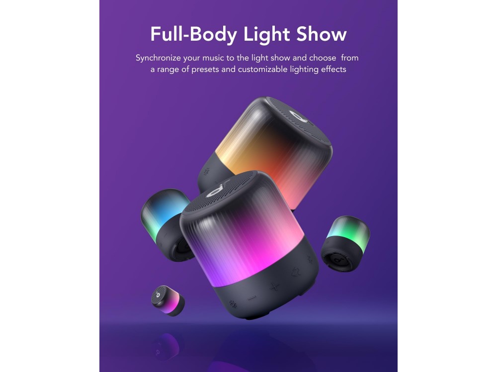 Anker Soundcore Glow Mini, Portable Bluetooth Speaker 8W with RGB Light Show, App, TWS & PartyCast 2.0, IP67, Black