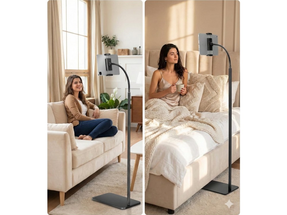 AJ Tablet Floor Stand, Gooseneck Εύκαμπη Βάση/Arm Tablet με Ρυθμιζόμενο Ύψος, Black