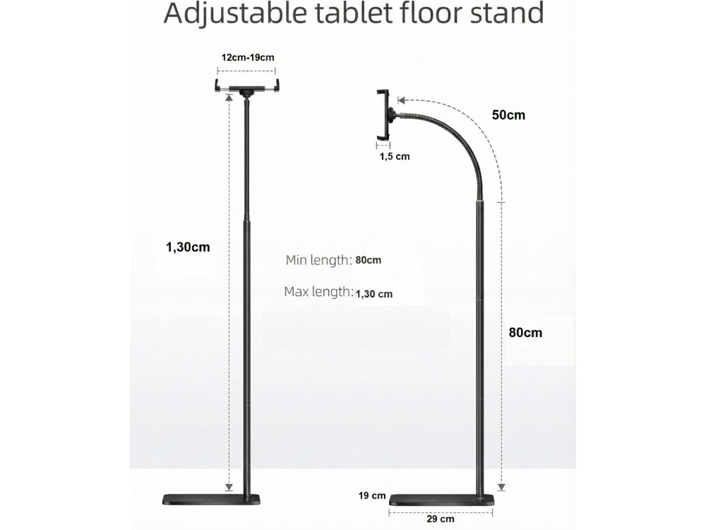 AJ Tablet Floor Stand, Gooseneck Εύκαμπη Βάση/Arm Tablet με Ρυθμιζόμενο Ύψος, Black