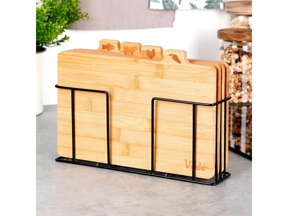 Vilde Premium Chopping Boards Bamboo with Stand, Σετ 4 Επιφάνεις Κοπής από Μπαμπού 28x20cm με Σταντ