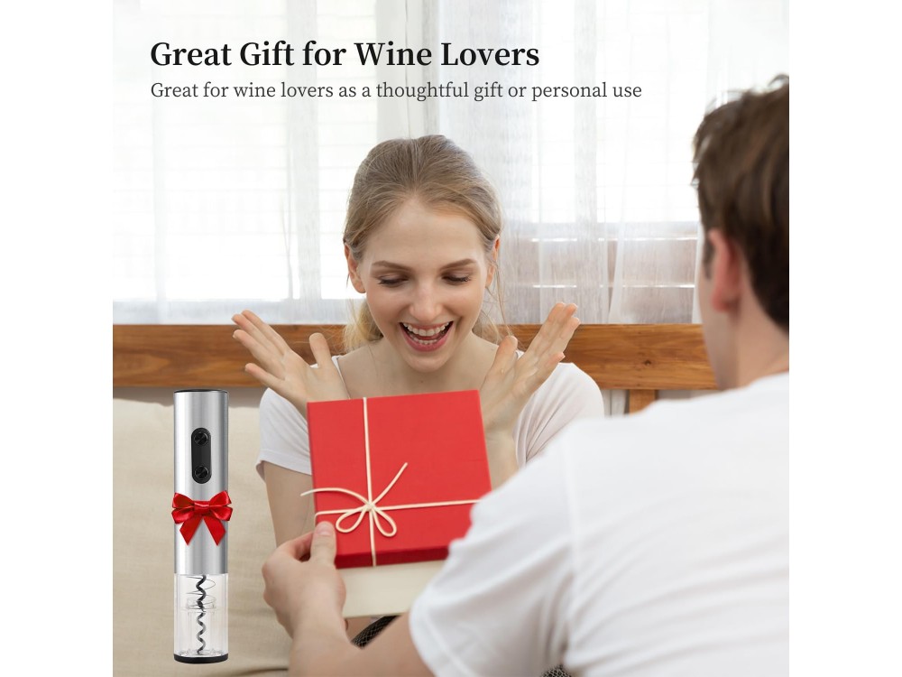 AJ Electric Wine Opener, Automatic Corkscrew, Foil Cutter, LED Light & Transparent Window, Ηλεκτρικό Ανοιχτήρι Κρασιού, Silver