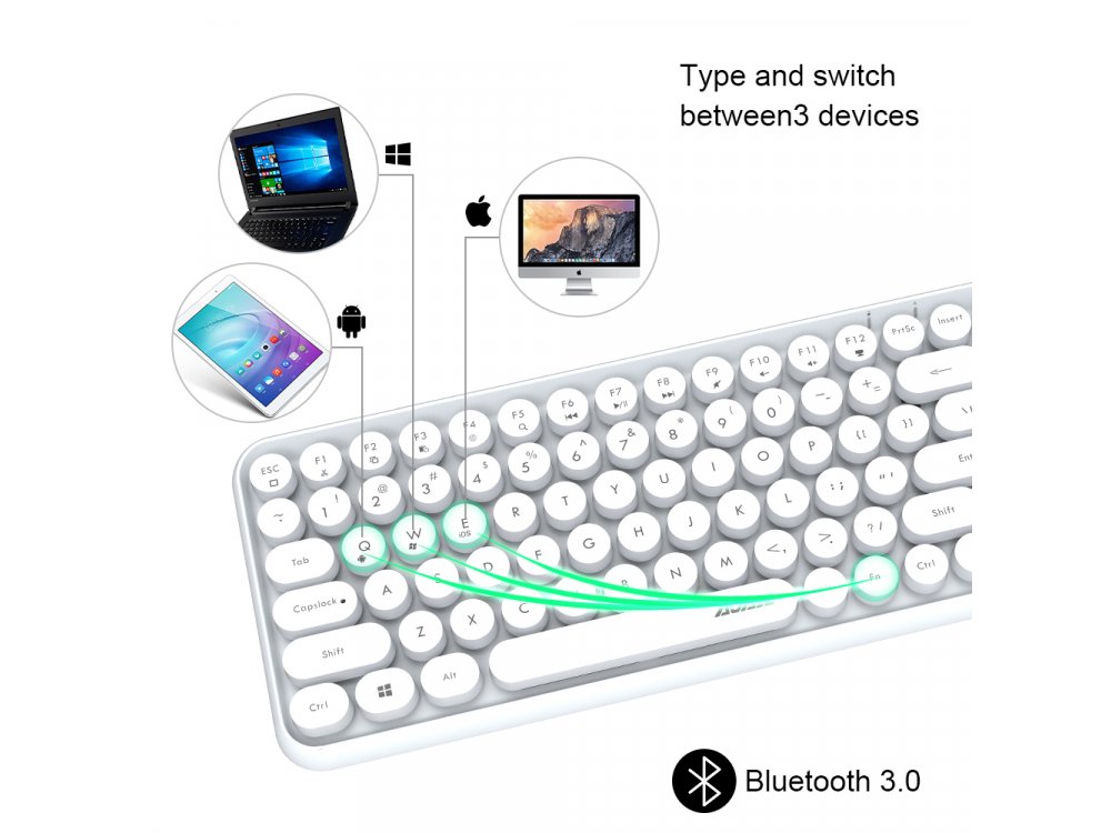 Ajazz 308i Ultra Compact Slim Profile Bluetooth Keyboard Multi-Device, Retro with Round Keys, White