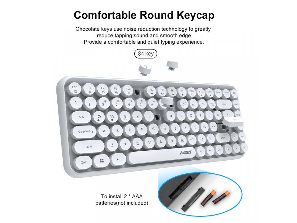 Ajazz 308i Ultra Compact Slim Profile Bluetooth Keyboard Multi-Device, Retro with Round Keys, White