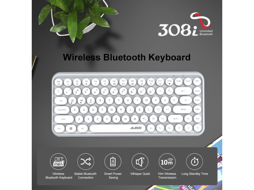 Ajazz 308i Ultra Compact Slim Profile Bluetooth Keyboard Multi-Device, Retro with Round Keys, White