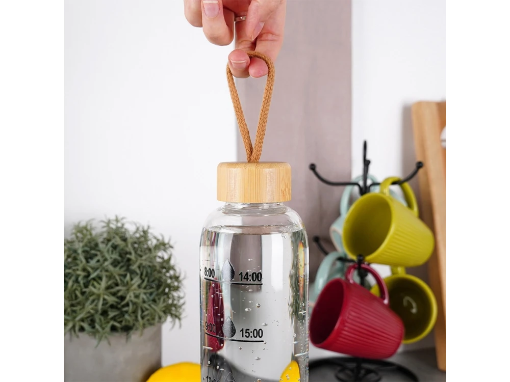 Vilde Water Bottle Glass 1L, Glass Bottle with Time Indicator with Bamboo Lid & Airtight Closure