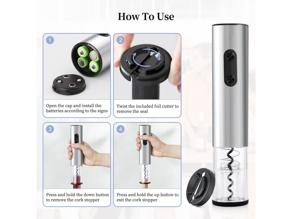 AJ Electric Wine Opener, Automatic Corkscrew, Foil Cutter, LED Light & Transparent Window, Ηλεκτρικό Ανοιχτήρι Κρασιού, Silver