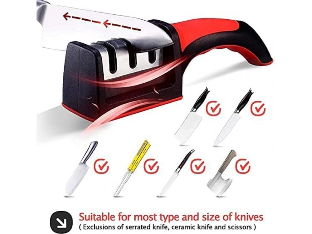 AJ 3-in-1 Kitchen Knife Sharpener, Ακονιστήρι Mαχαιριών Χειρός με 3 Επίπεδα Ακονίσματος, Black/Red
