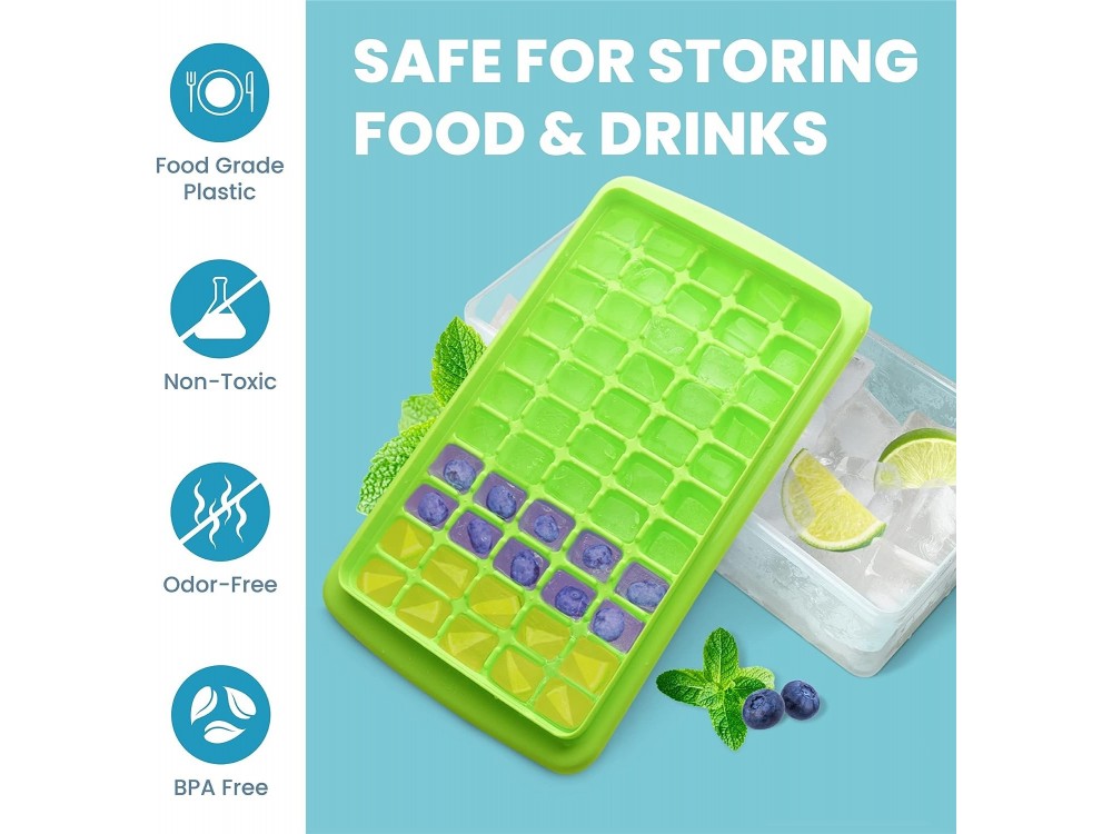 AJ Ice Cube Tray With Lid & Bin, 55 Cubes, with Lid and Tong, Green