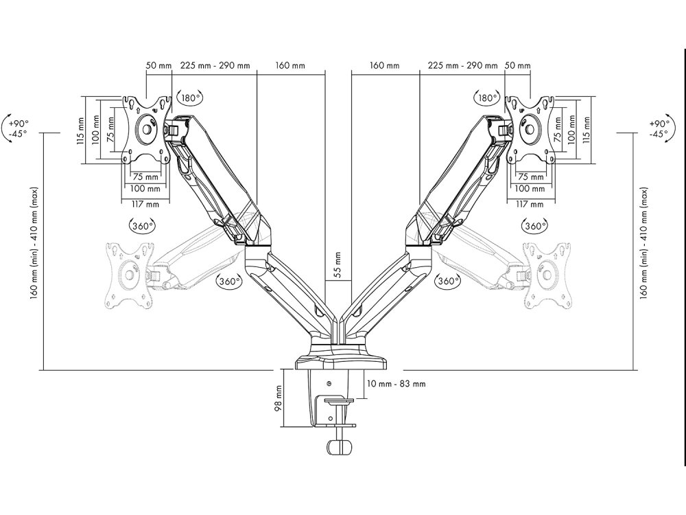 IcyBox Dual Arm Desk Mount with Clamp, Βάση για 2 Οθόνες έως 28” με Διπλούς Βραχίονες, έως 13kg