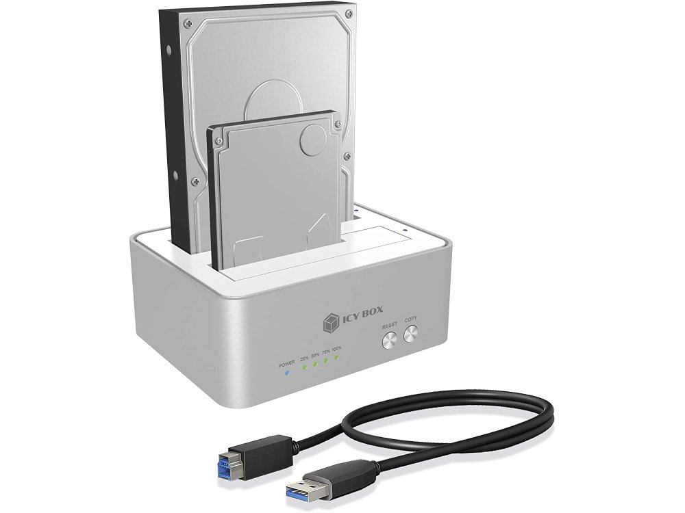 IcyBox SATA HDD/SSD Docking Station for 2.5" & 3.5" Drives, USB-A 3.0 5Gbps, Dual Bay with Clone Duplicator & JBOD Function