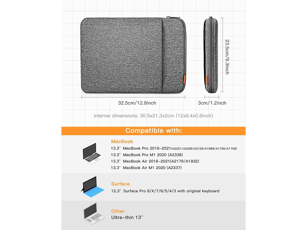 Inateck 360° Protection Sleeve 13" Waterproof for Macbook 13" / iPad Pro / DELL XPS / HP / Surface, Set with Bag