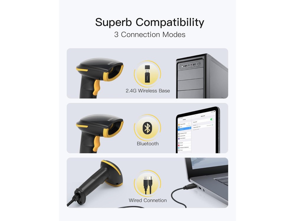 Inateck BCST-21 Handheld Barcode Scanner Wireless (2.4GHz / Bluetooth) & Wired with 1D Barcodes Reading Capability, Black