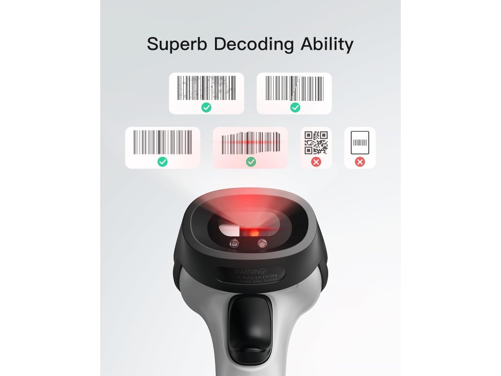 Inateck BCST-70 Handheld Barcode Scanner Wireless (2.4GHz / Bluetooth) & Wired with 1DBarcodes Reading Capability, Black
