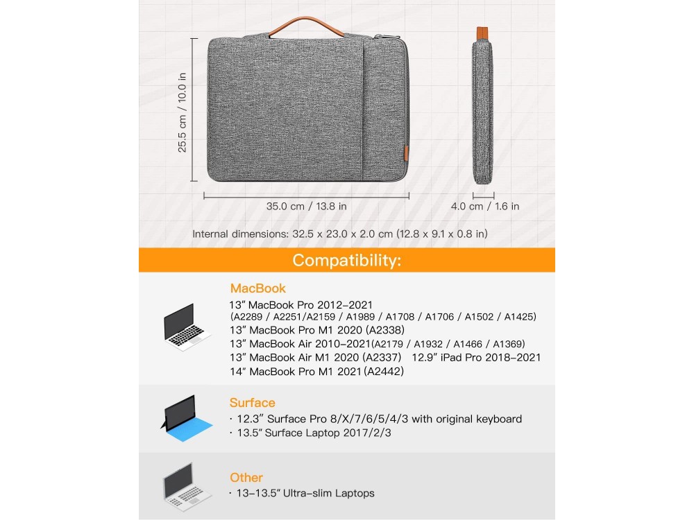 Inateck 360° Protection Sleeve/Θήκη Laptop 13.3" Αδιάβροχη για Macbook 14.2" / DELL XPS / HP / Surface, με Εξωτερική Θήκη, Grey