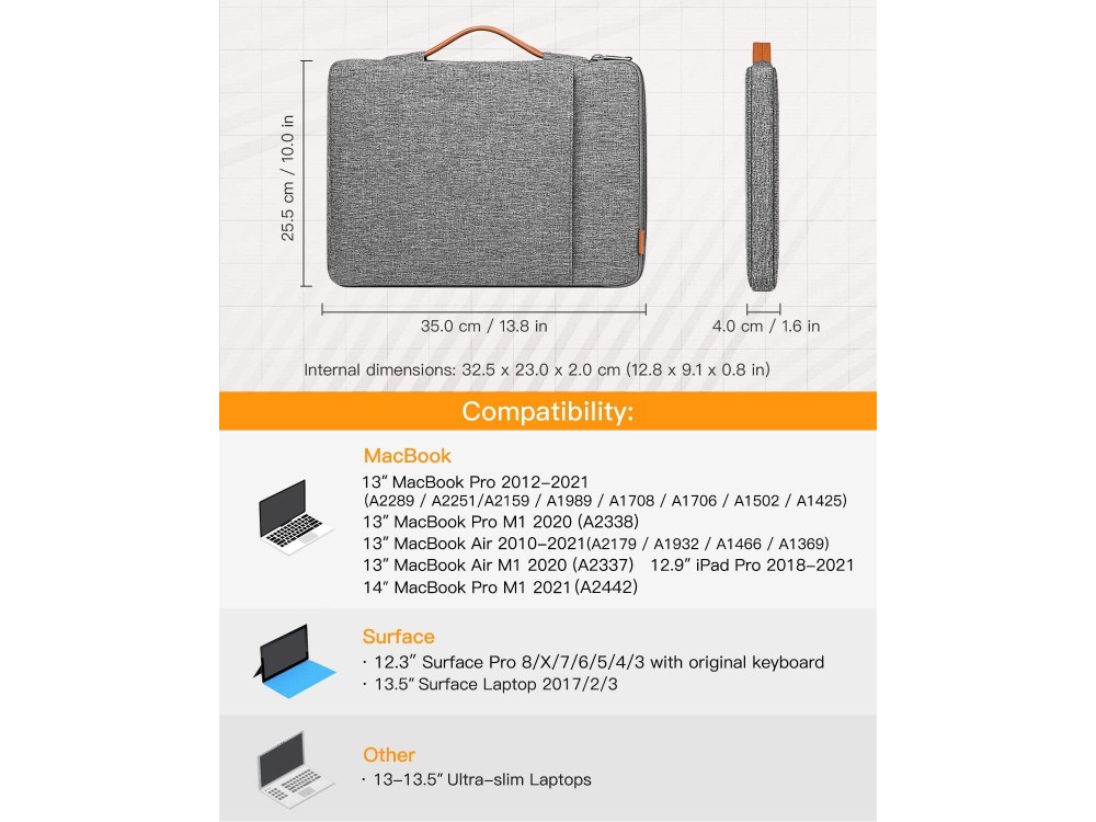 Inateck 360° Protection Sleeve 13.3" Waterproof for Macbook 14.2" / DELL XPS / HP / Surface, with External Sleeve, Grey