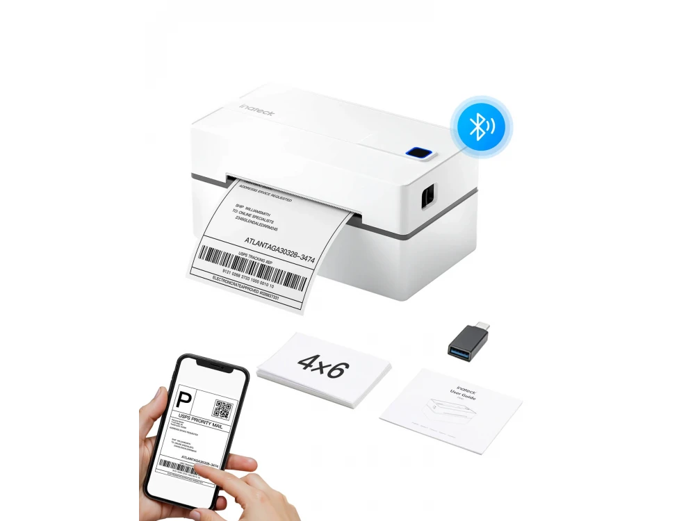 Inateck PR40 Bluetooth Thermal Label Printer, Thermal Label Printer 40-110mm, Wired & Wireless 203dpi, White