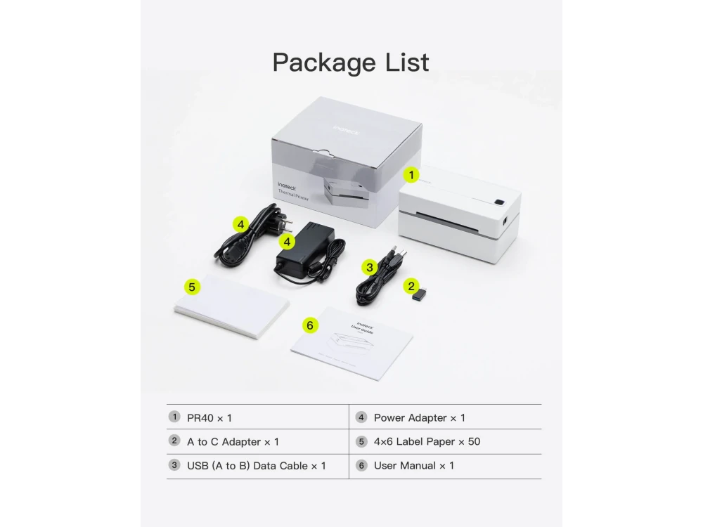 Inateck PR40 Bluetooth Thermal Label Printer, Thermal Label Printer 40-110mm, Wired & Wireless 203dpi, White