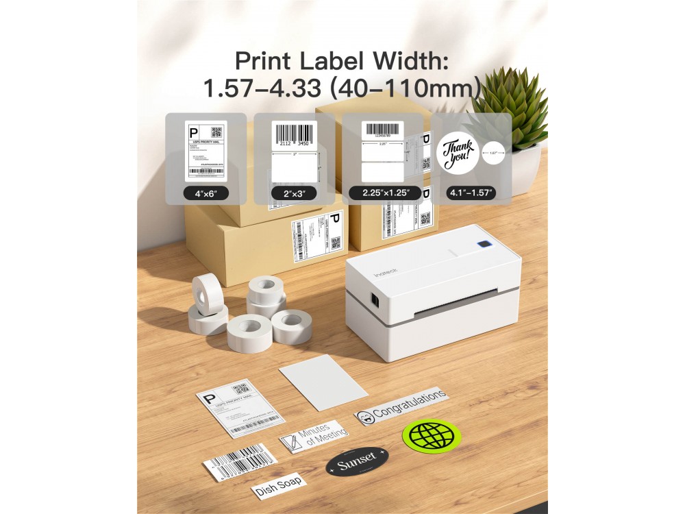 Inateck PR40 Bluetooth Thermal Label Printer, Thermal Label Printer 40-110mm, Wired & Wireless 203dpi, White