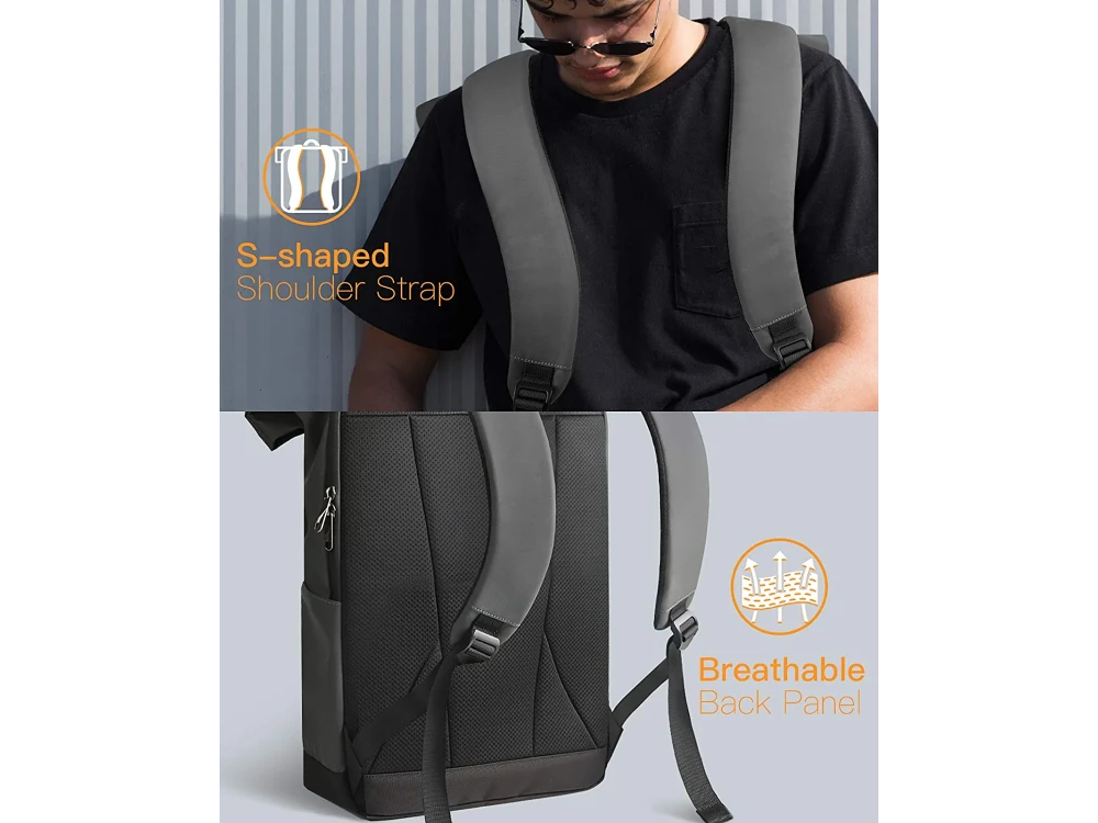 Inateck RollTop Backpack, 25–35L, with Cable Hole, Place for Power bank & Laptop up to 17", Grey