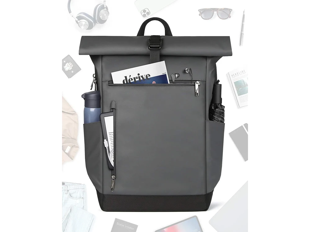 Inateck RollTop Backpack, 25–35L, with Cable Hole, Place for Power bank & Laptop up to 17", Grey