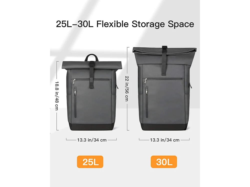 Inateck RollTop Backpack, 25–35L, with Cable Hole, Place for Power bank & Laptop up to 17", Grey
