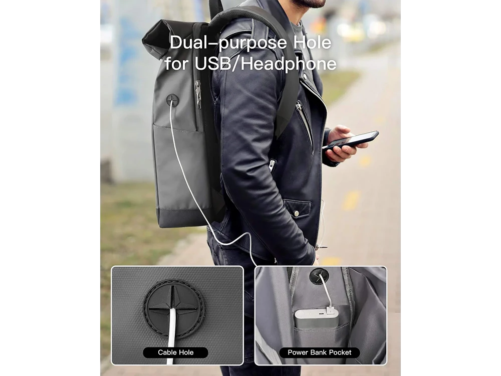 Inateck RollTop Backpack, 25–35L, with Cable Hole, Place for Power bank & Laptop up to 17", Grey