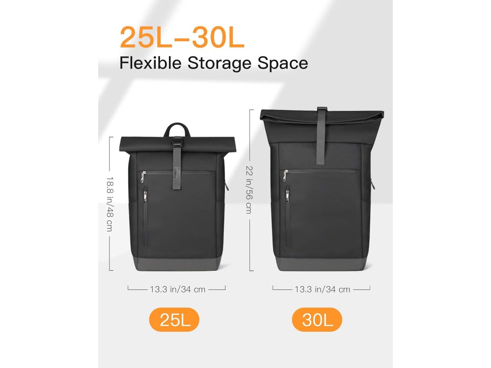 Inateck RollTop Backpack, Waterproof Backpack 25–35L, with Cable Hole, Power Bank & Laptop Slot Up to 17", Black
