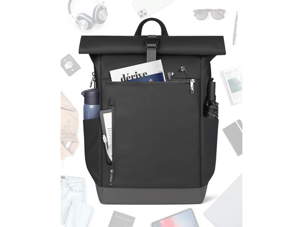 Inateck RollTop Backpack, Waterproof Backpack 25–35L, with Cable Hole, Power Bank & Laptop Slot Up to 17", Black