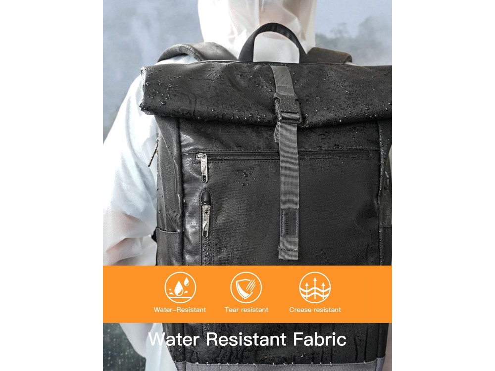 Inateck RollTop Backpack, Waterproof Backpack 25–35L, with Cable Hole, Power Bank & Laptop Slot Up to 17", Black