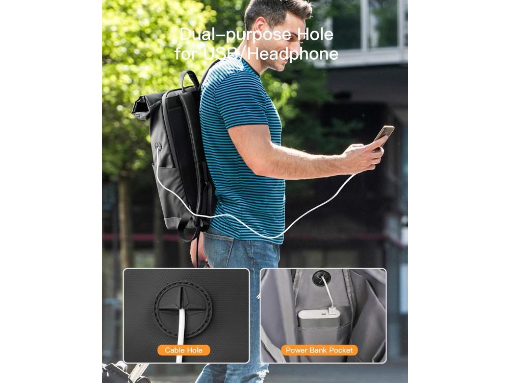 Inateck RollTop Backpack, Waterproof Backpack 25–35L, with Cable Hole, Power Bank & Laptop Slot Up to 17", Black