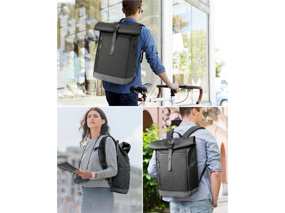 Inateck RollTop Backpack, Waterproof Backpack 25–35L, with Cable Hole, Power Bank & Laptop Slot Up to 17", Black