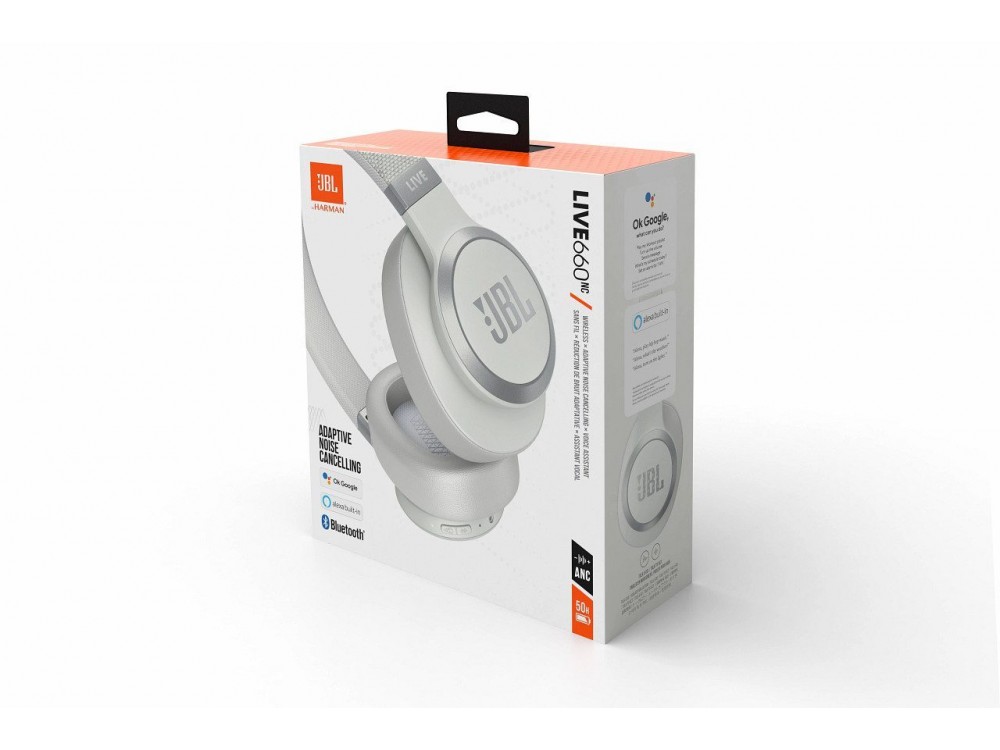 JBL Live 660NC, Over-Ear Wireless Bluetooth ANC Headphones with Quick Charge & Battery Life of up to 50 Hours, White