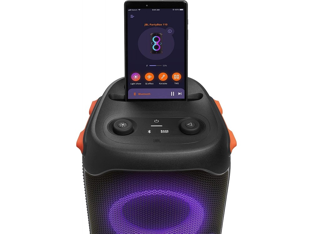 JBL Partybox 110, Portable Speaker Bluetooth 160W, IPX4, Light Effect, Transport Wheels & Battery Life up to 12 Hours, Black