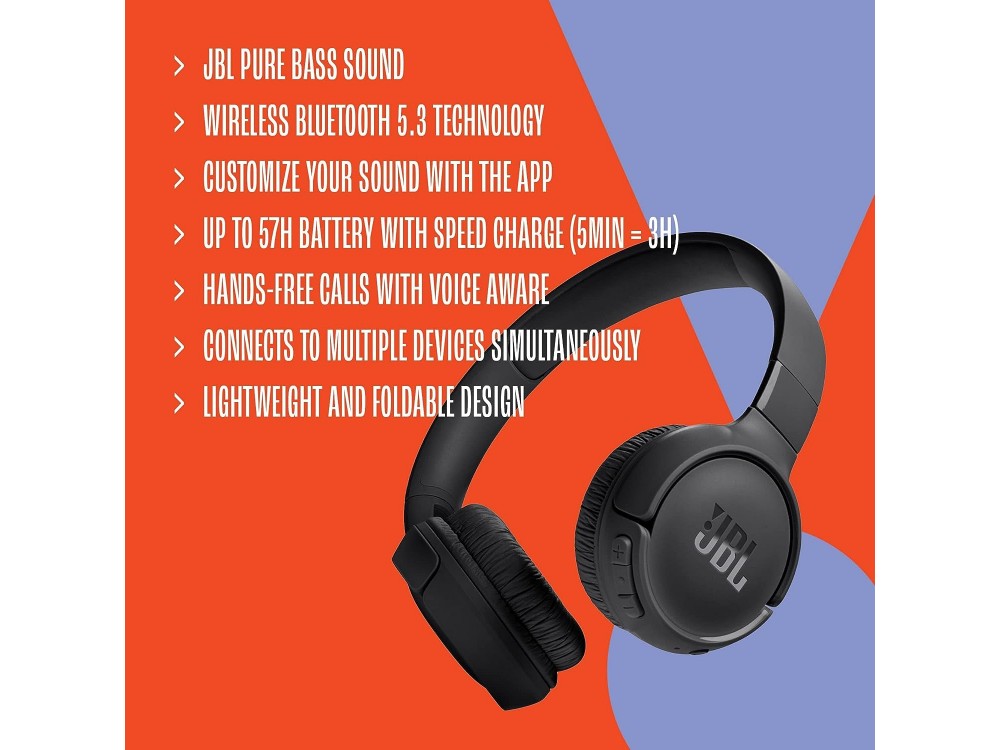 JBL Tune 520BT, On-Ear Ασύρματα Ακουστικά Bluetooth 5.3 με Multi-point Connection & Διάρκεια Μπαταρίας έως 57 Ώρες, Purple