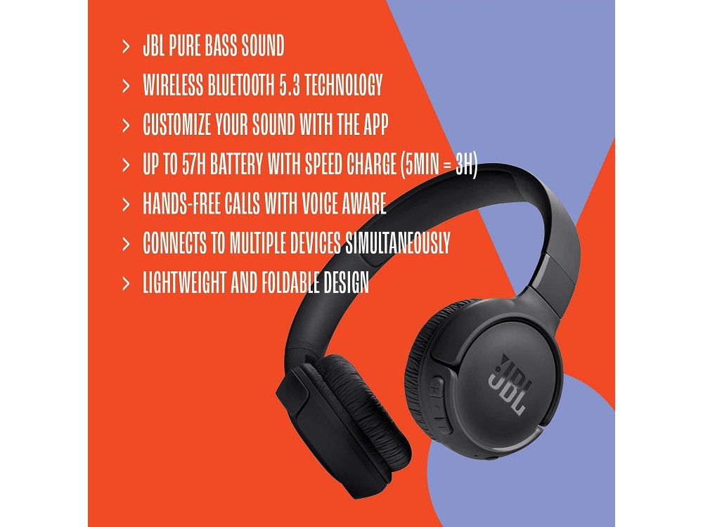 JBL Tune 520BT, On-Ear Ασύρματα Ακουστικά Bluetooth 5.3 με Multi-point Connection & Διάρκεια Μπαταρίας έως 57 Ώρες, Black