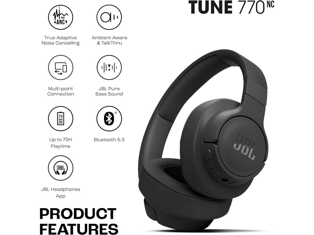 JBL Tune 770NC, Over-Ear Bluetooth Headphones with ANC, Multipoint, APP, Quick Charge & Battery Life Up to 70 Hours, Black