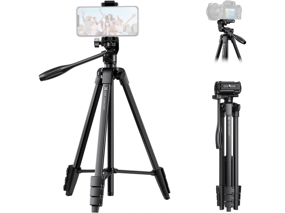 K&F Concept B174A1 Tripod 152cm for Phones and Cameras, Aluminum, with Bluetooth Controller, Black