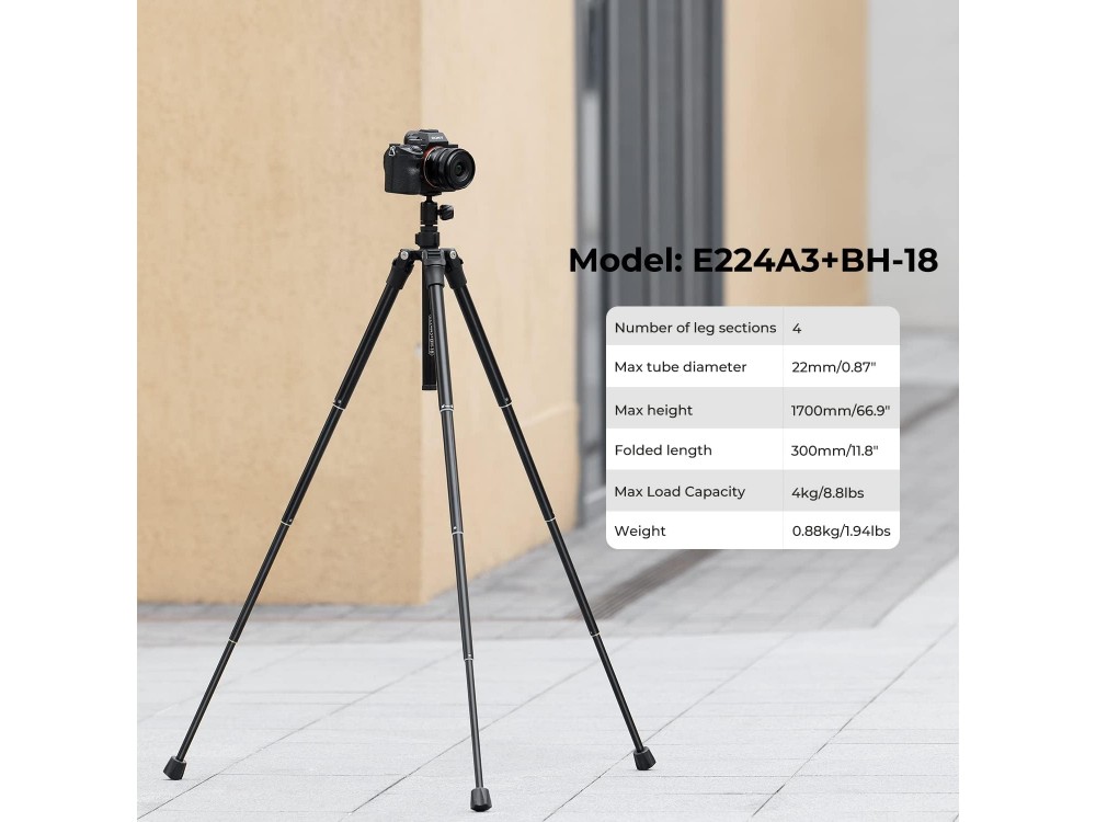 K&F Concept E224A3+BH-18 2-in-1 Tripod Selfie Stick 170cm Aluminum for Smartphones & Cameras with Bluetooth Control