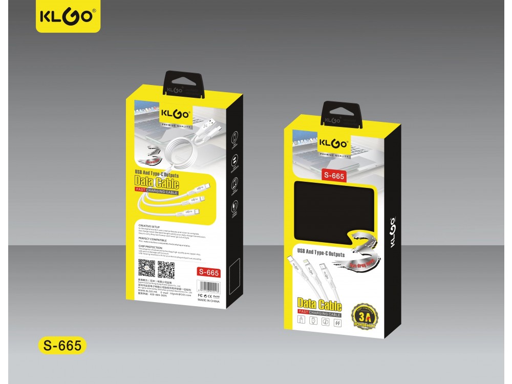 KLGO S-665 Two-Drag Three Cable 1.2m, Dual Type-C & USB-A to Type-C & Lightning & Micro-USB, White